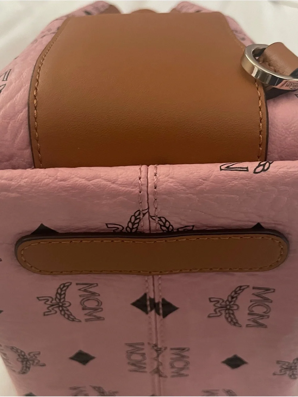MCM MFO Colorblock Pink Coated Canvas with Tan Leather Backpack